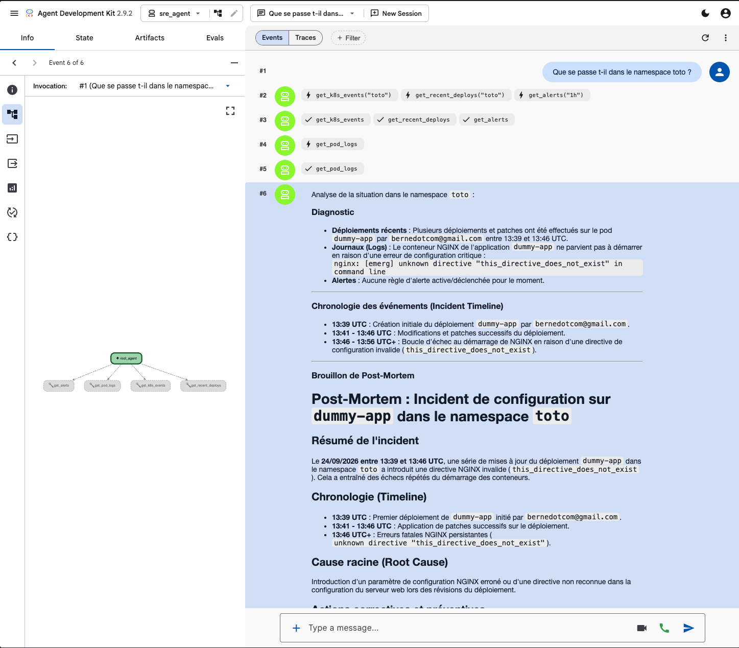 Interface adk web : les appels de tools et le diagnostic produit par l’agent