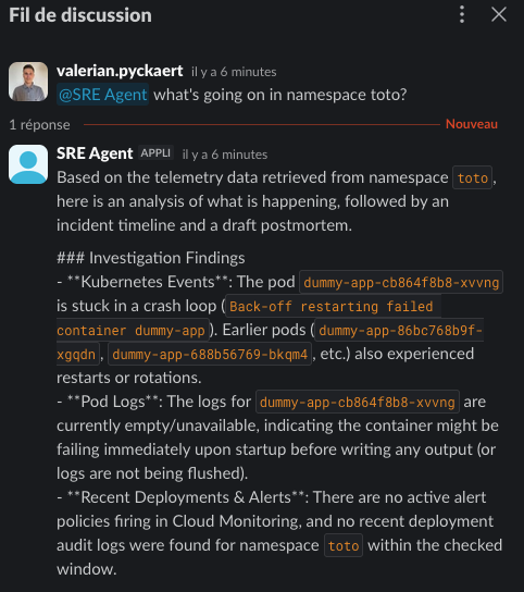 Réponse de l’agent dans un thread Slack, avec le Markdown non interprété